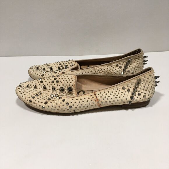 Sam Edelman Addy Spiked Studded Snake Embossed Leather Flats 9.5 Cream/Silver - Picture 2 of 12